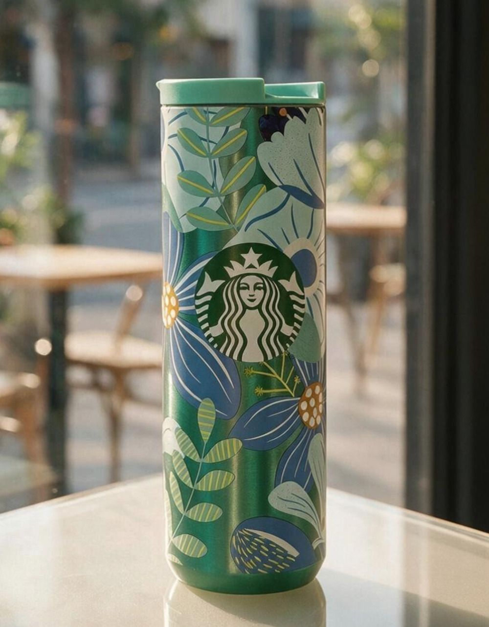 Starbucks 2020 Teal Green Floral 16oz Coffee Tumbler Stainless Steel Double Wall